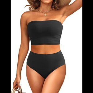 NWT Womens Black Bandeau Bikini Swimsuit Strapless High Waisted Two Piece SZ S